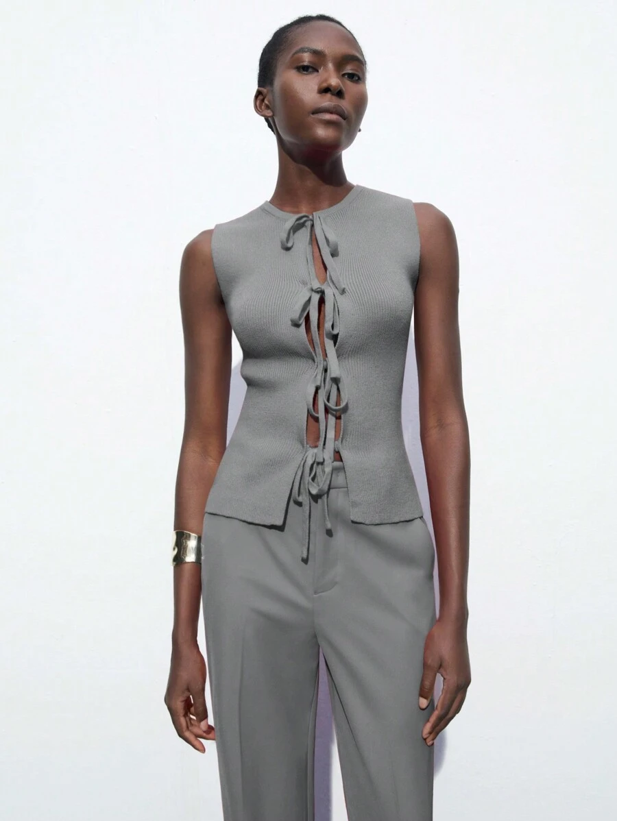 Maija Blusa sin mangas ajustada con cuello redondo y lazo, de color gris, para mujer, para primavera/verano