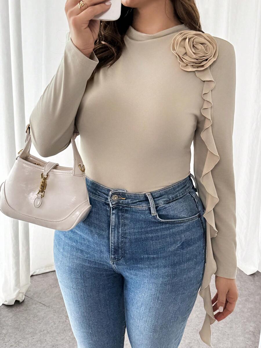 Firerie Plus Size Women's Autumn And Winter Elegant And Comfortable Long-Sleeved Khaki Apricot Three-Dimensional Flower Slim Long-Sleeved T-Shirt