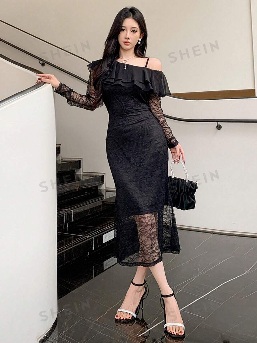 DAZY Vestido midi con volantes asimétricos de encaje y parches, adecuado para citas, bailes de graduación y ropa de otoño