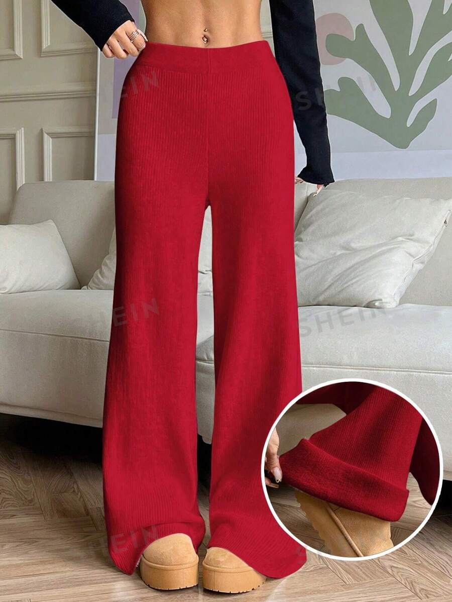 SHEIN EZwear Pantalones de suéter rectos, holgados y casuales con acolchado y calientitos para mujeres