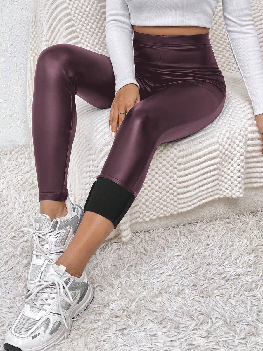 SHEIN Frenchy Women High Waist Solid Color PU Leather Skinny Leggings