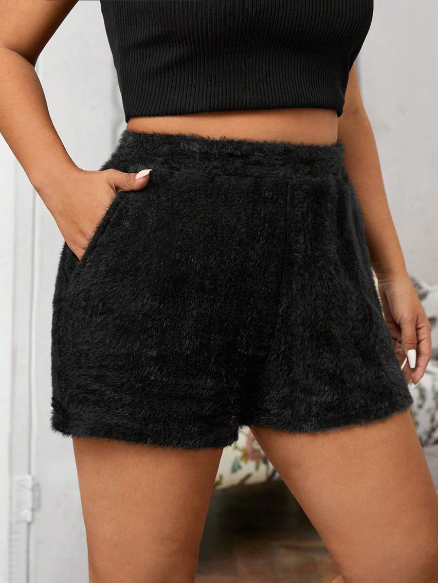 SHEIN EZwear Plus Size Extra Short Faux Mink Fur Shorts, Autumn/Winter