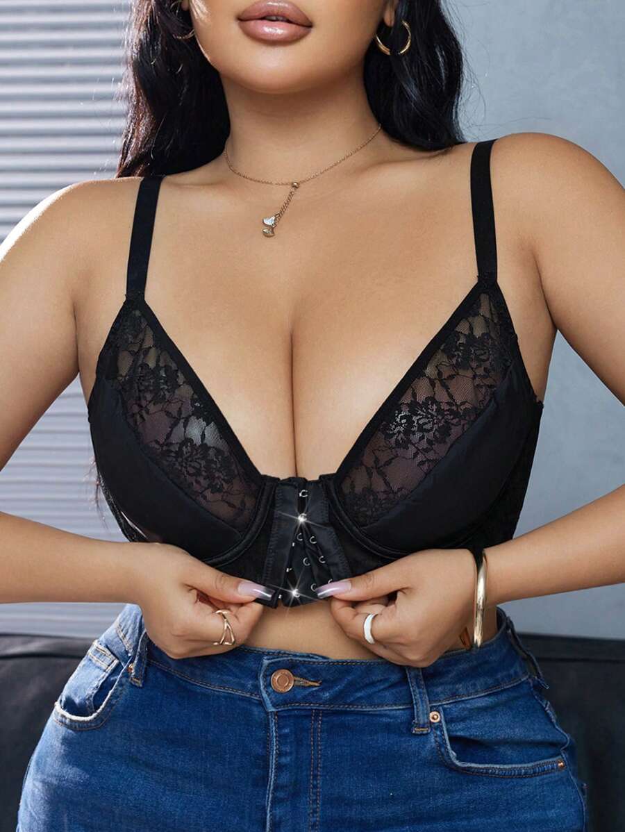 Plus Size 1pc Front Closure Lace Patchwork Underwired Bra, Suitable For Valentine's Day
