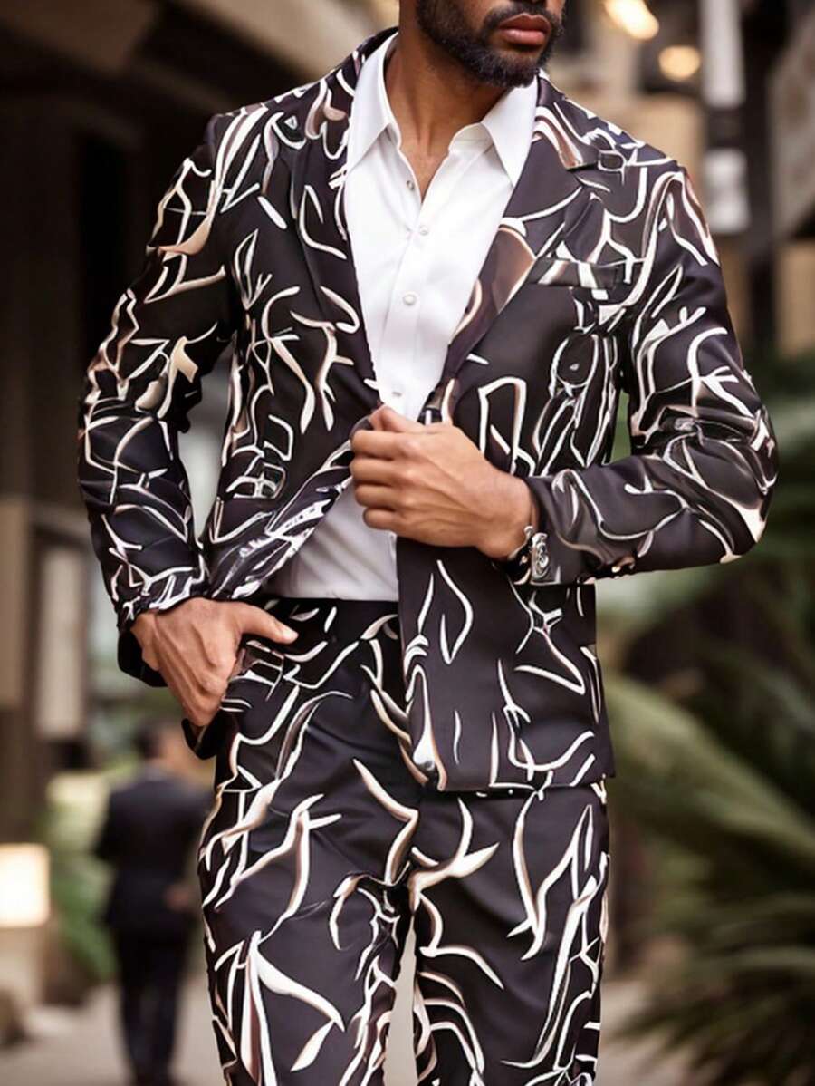 Manfinity Mode 2pcs/Set Men's Casual Striped Print Notched Lapel Long Sleeve Blazer Jacket And Pants Suit, Spring & Autumn