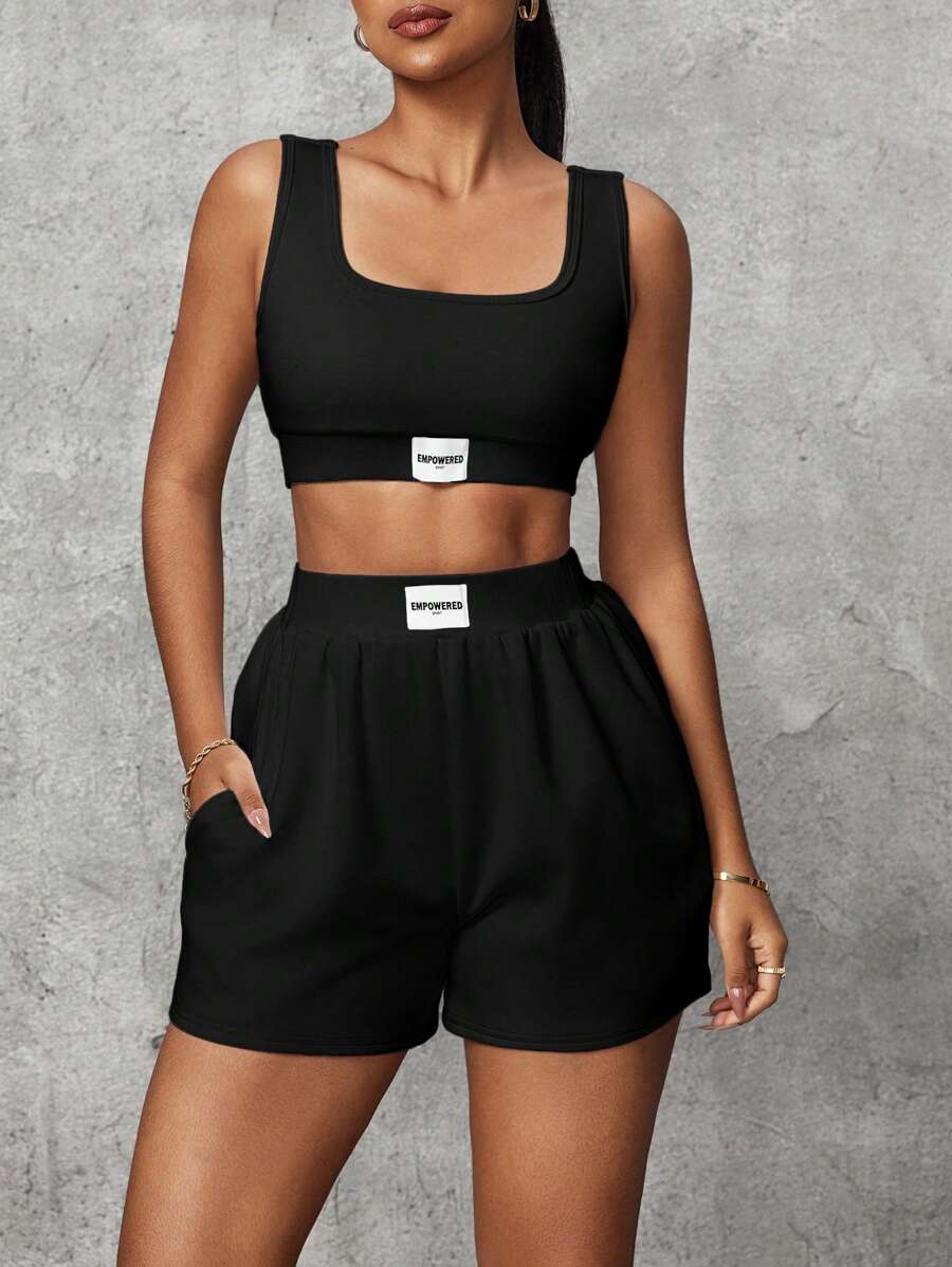 Slayoga Women's Sleeveless Applique Square Collar Top And Elastic Waist Pocket Shorts Sports Set Workout Women Set