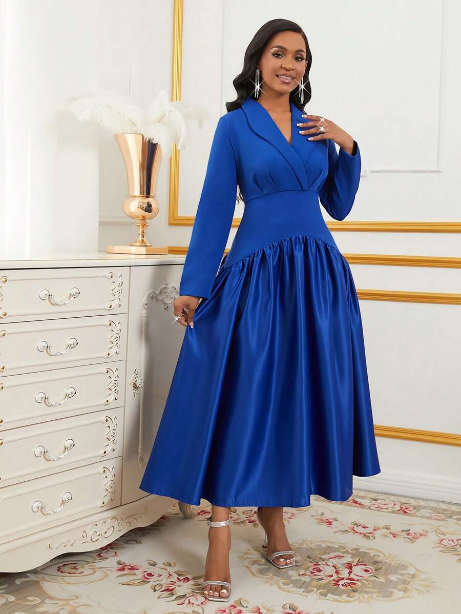Lyxana Women's Pleated Long Sleeve Dress With Stand Collar, Elegant, Solid Color, Autumn Maxi Women Outfit