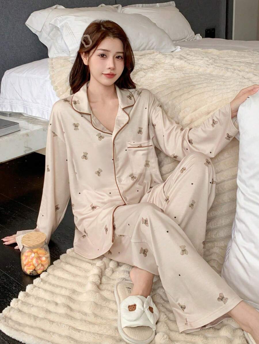 DAZY Women's Cute Bear Printed Lapel Collar Contrast Binding Long Sleeve Shirt And Pants Pajama Set