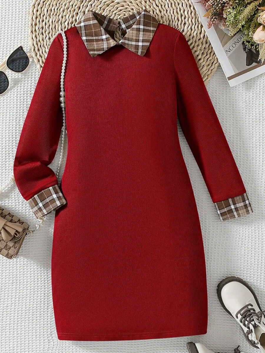 Vestido elegante de manga larga ajustado para ir al trabajo, estilo vintage de patchwork a cuadros, se puede usar como prenda exterior o como capa en otoño/invierno