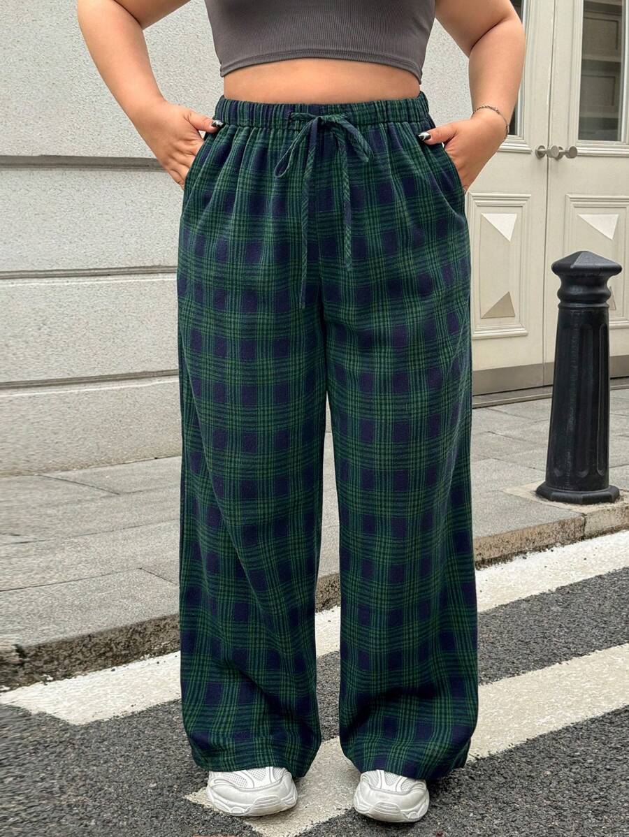 SHEIN EZwear Plus Size Women's Plaid Belted Straight Loose Pants, Autumn/Winter