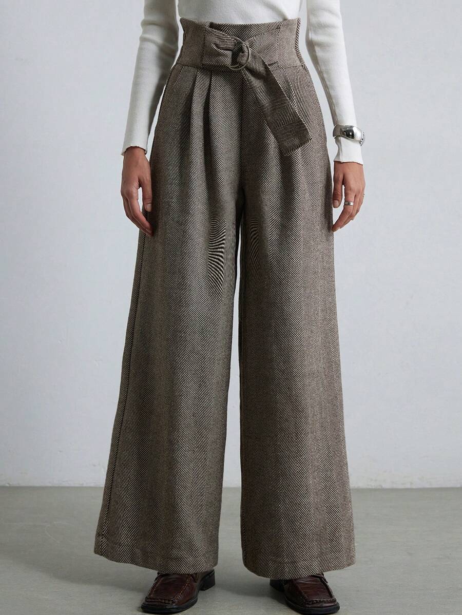 Aveloria Modichic Retro Vintage Chic Commuter Cinched Waist Plaid Wide Leg Pants