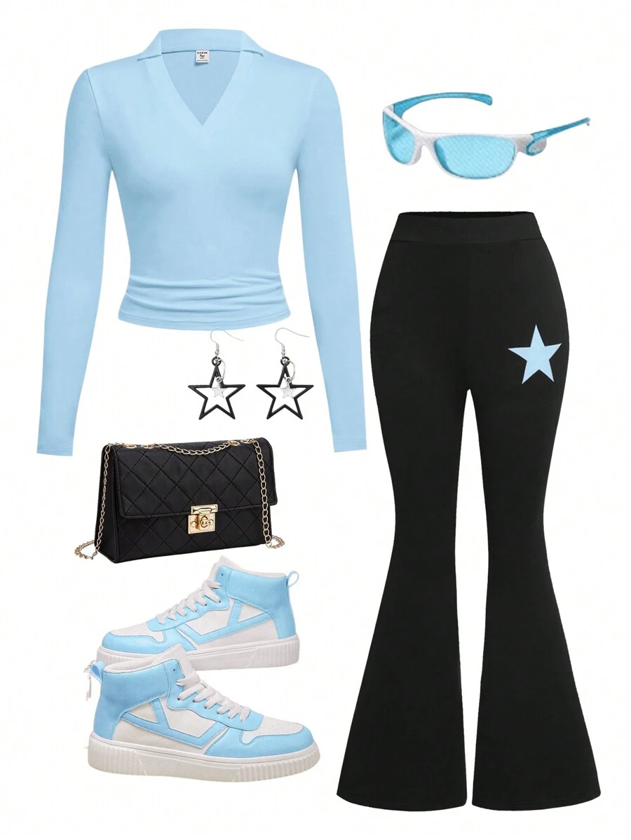 2 stuks/set tienermeisjes schattige Y2K-stijl roze gebreide V-hals ruches cropped top met lange mouwen en elastische uitlopende sterrenprint roze uitlopende broek outfit