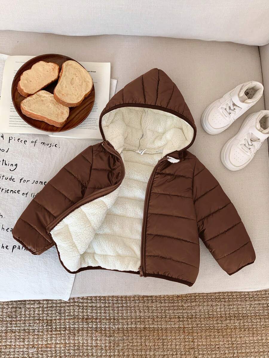 Jaqueta com Capuz com Zíper e Forro Térmico para Meninos Bebê, Marrom, Casual de Inverno, Quente, Todo-Terreno, Versátil, Macia, Confortável, Esportiva, Adequada para Neve e Uso Externo