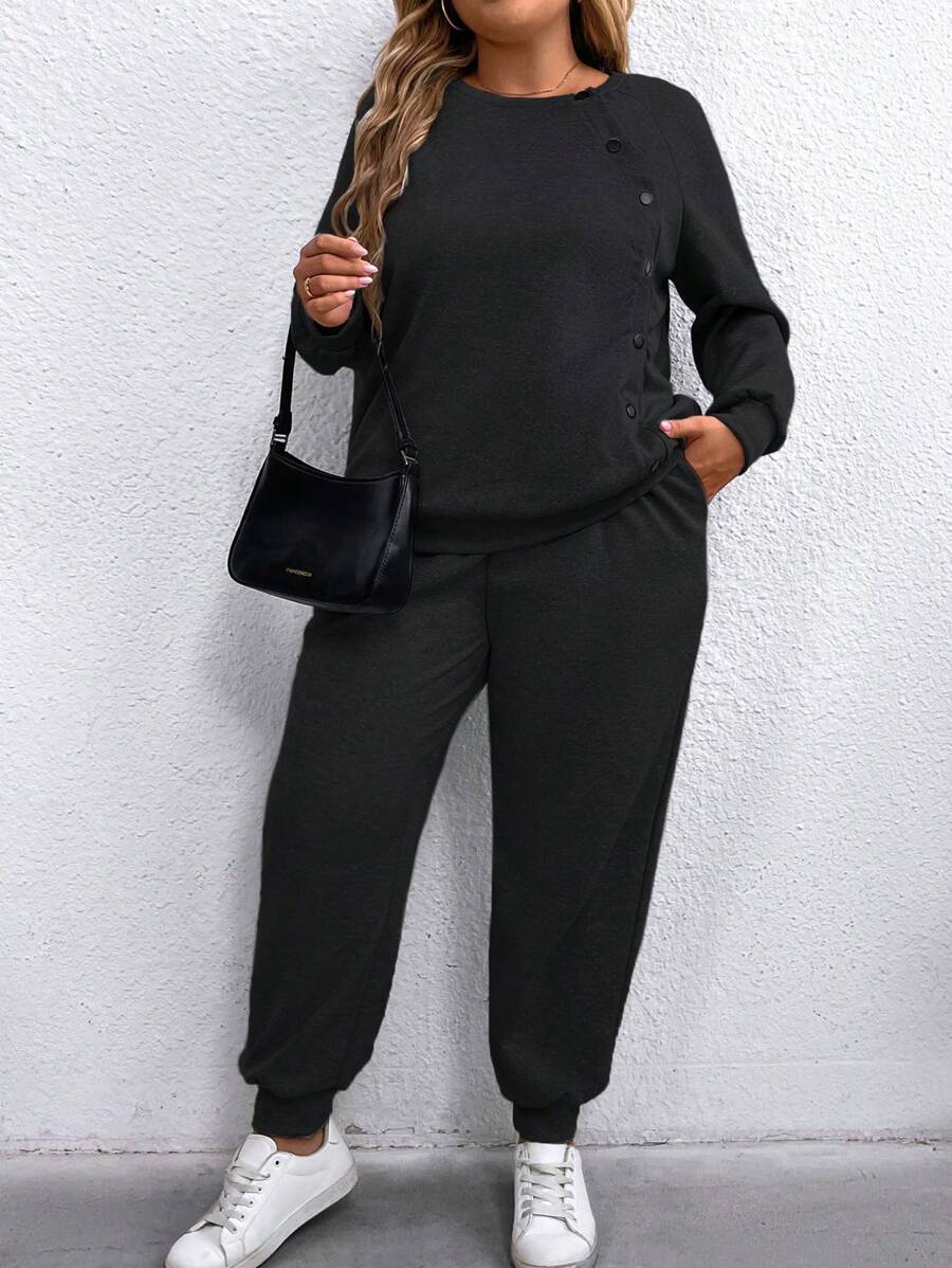 SHEIN LUNE 2pcs Plus Size Casual Solid Sweatshirt And Sweatpants Set, Autumn/Winter