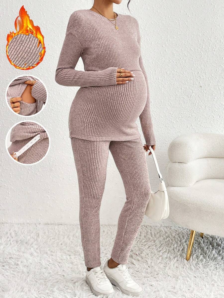 SHEIN Conjunto de 2 piezas de top de lactancia de manga larga de punto nervado y pantalones pitillo de maternidad, informal para otoño/invierno