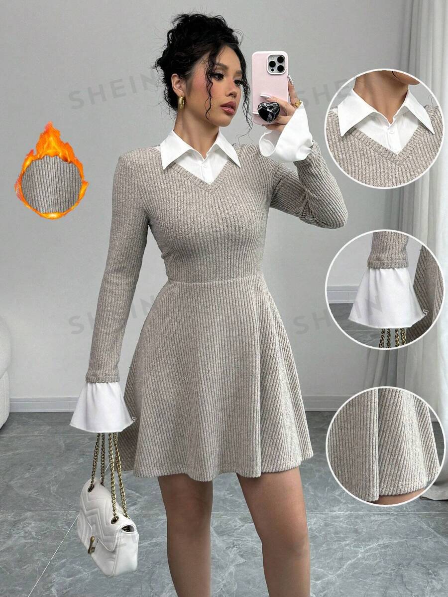 Gloray Vestido de mujer elegante y casual de minimalista, versátil para uso diario, de 2 en 1, de manga larga, corte evasé, cintura elástica, material de terciopelo, unicolor, para otoño/invierno