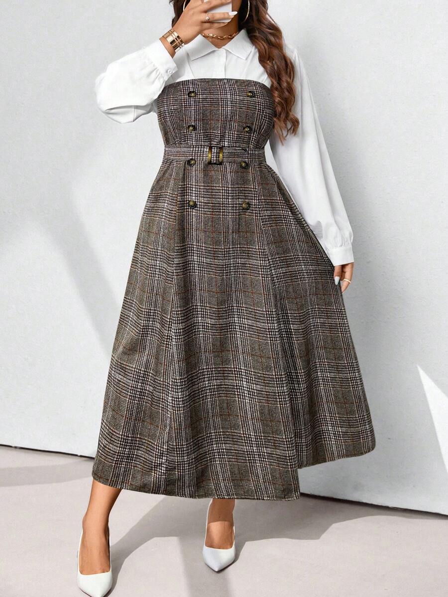 SHEIN Clasi Plus Size Women Autumn Patchwork Plaid Double Breasted Long Sleeve 2 In 1 Elegant Dress Maxi Women Outfit