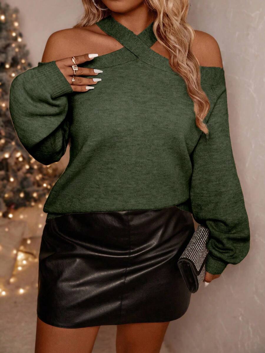 SHEIN Clasi Plus Size Crew Neck Off Shoulder Solid Color Pullover Sweater, Casual And Fashionable For Daily Wear