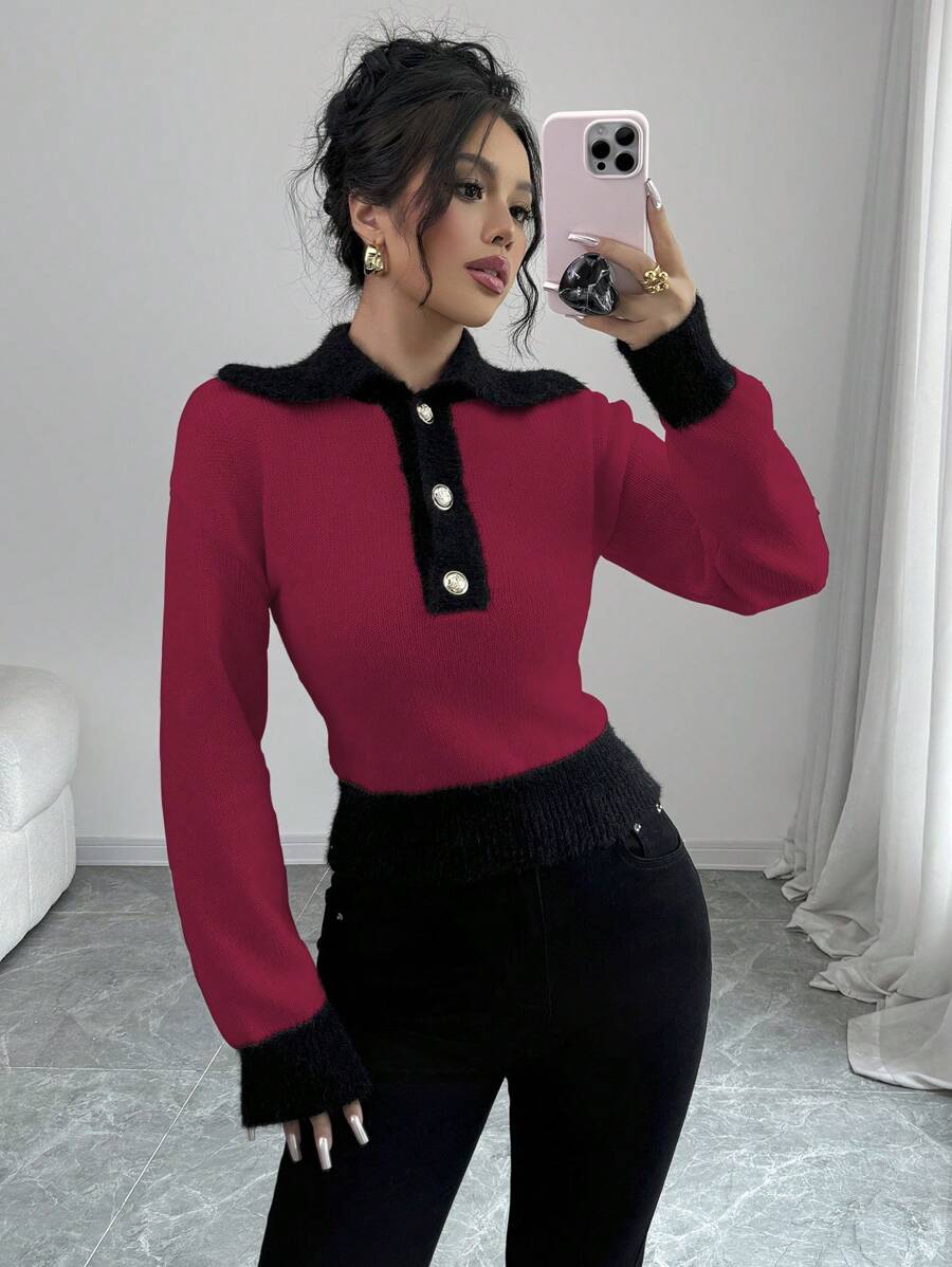 Elenzga Women's Sporty Contrast Color Collar Sweater, Casual And Fashionable For Daily Wear