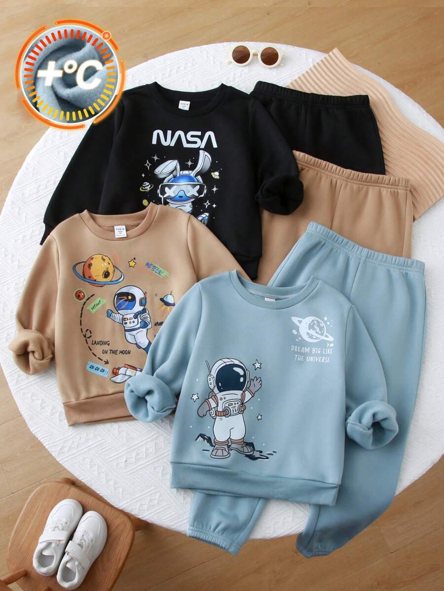 6pcs Young Boys Children Casual Cartoon Print Long Sleeve Sweatshirt And Sweatpants Outfit Set, Black, Khaki, Blue, Suitable For Kids Young Boy Clothes Back To School Boys Sets, Daily Wear, School, Outing, Sports, Autumn & Winter