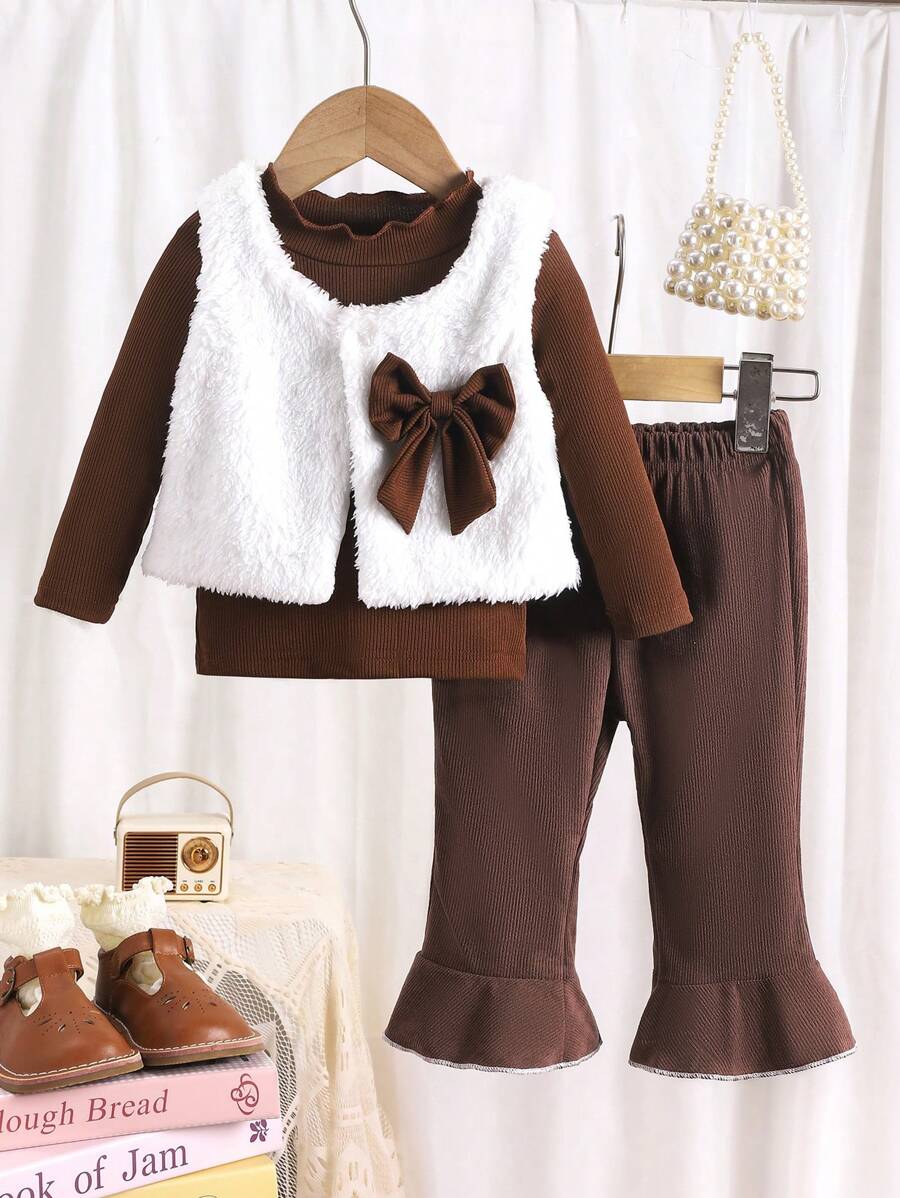 Baby Girl 3pcs Winter Set, Thick Vest, Long Sleeve Top And Flared Pants, Fashion Outfit