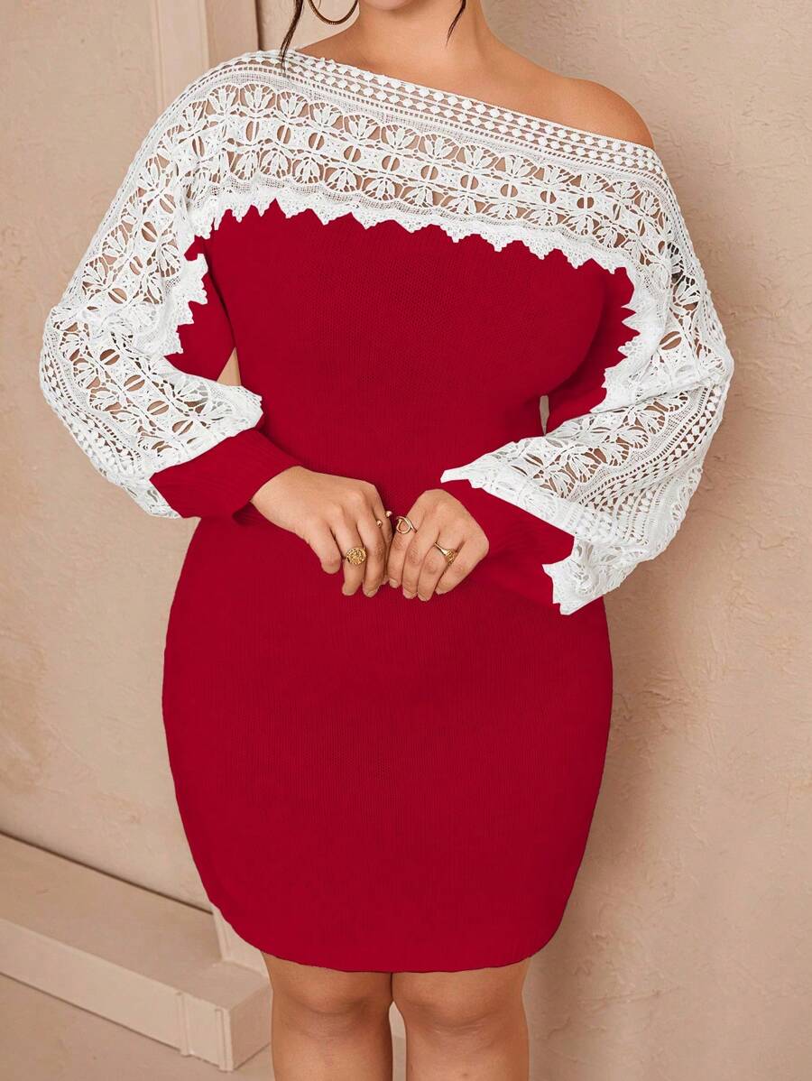 Celure Plus Size Elegante Color Block Kant Patchwork Asymmetrische Kraag Getailleerde Trui Jurk Voor De Herfst
