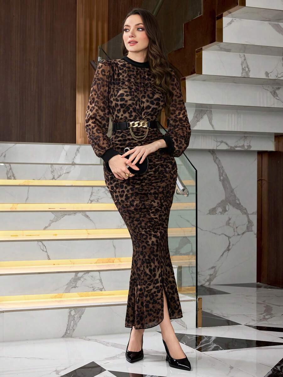 Modelyn Crew Neck Leopard Print Waist Cinched Bodycon Drawstring Asymmetric Fishtail Dress Maxi Women Outfit Long Evening Dresses