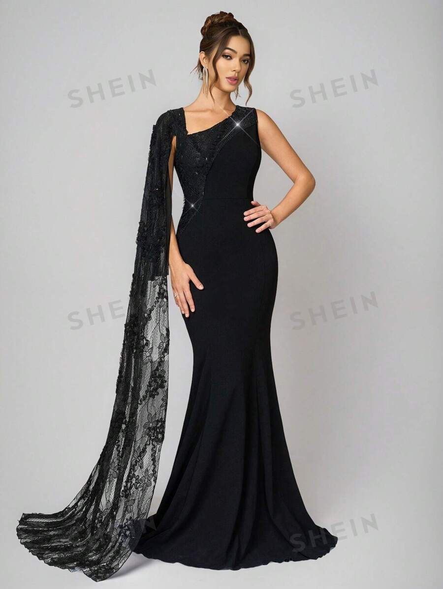 SHEIN Belle Vestido formal de fiesta elegante para mujer, de punto negro con contraste de encaje en la cintura, vestido de noche, vestido de graduación, para invitados de boda, cena