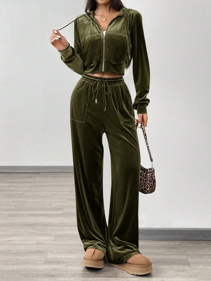 SHEIN EZwear Set de 2 piezas compuesto por chaqueta con capucha con cremallera de terciopelo de punto verde y pantalones con cordón para mujer