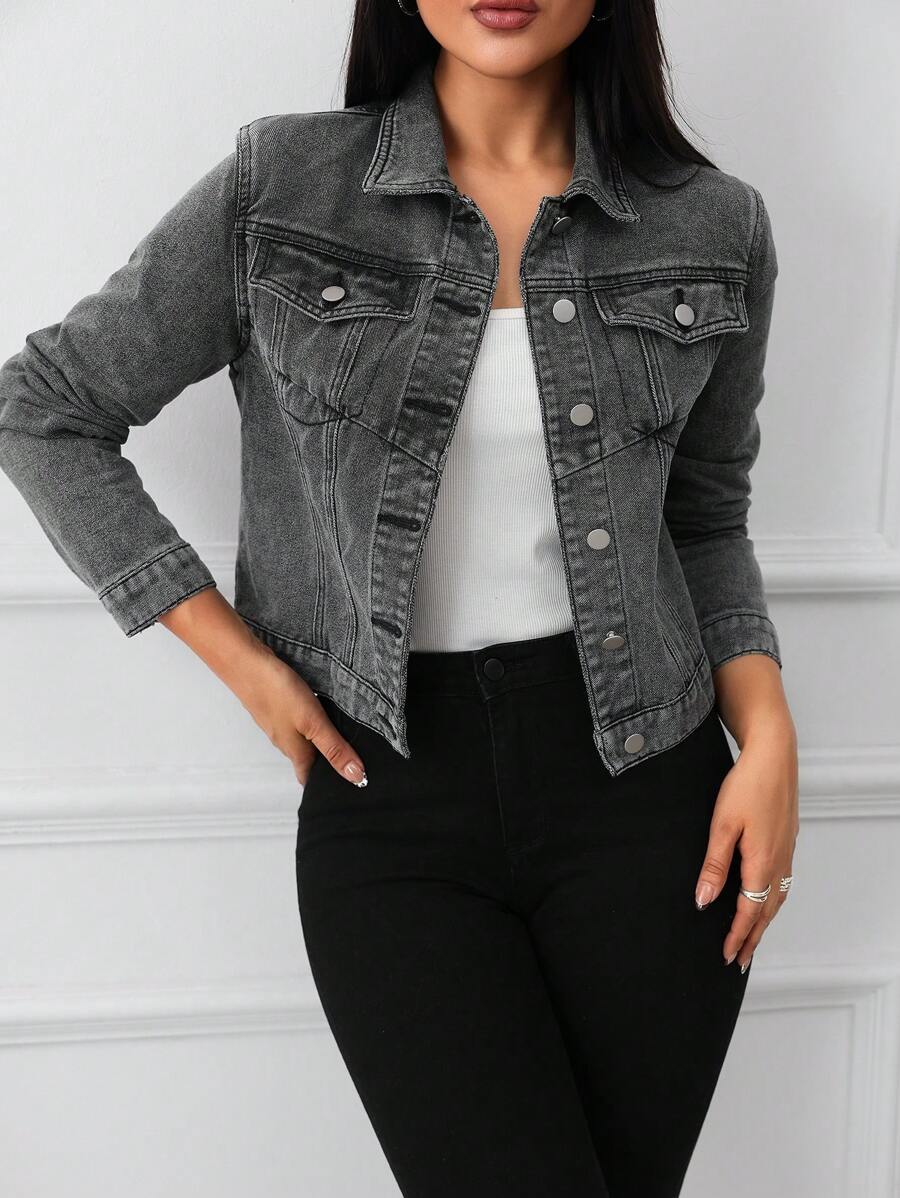 Women Single Breasted Casual Denim Jacket, Versatile For Autumn
