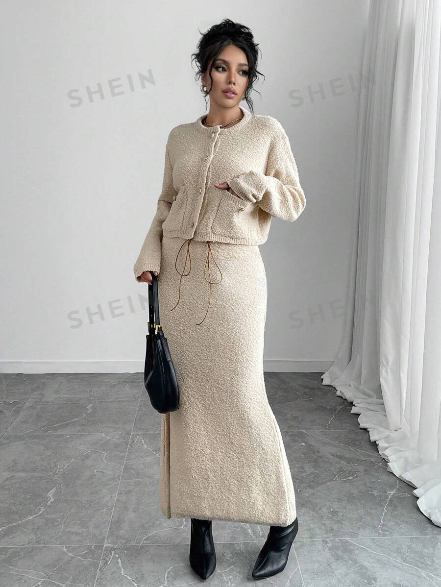 Calvaya Conjunto de 2 piezas de falda larga de unicolor con cordón y suéter de punto para mujer, otoño/invierno