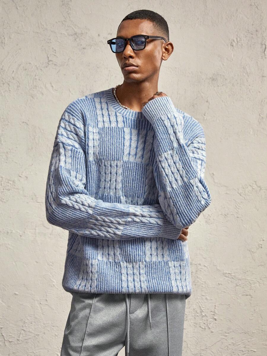 AKNOTIC Business Casual Men's Loose Fit Plaid Pattern Knitted Open Front Cardigan, Suitable For Autumn & Winter