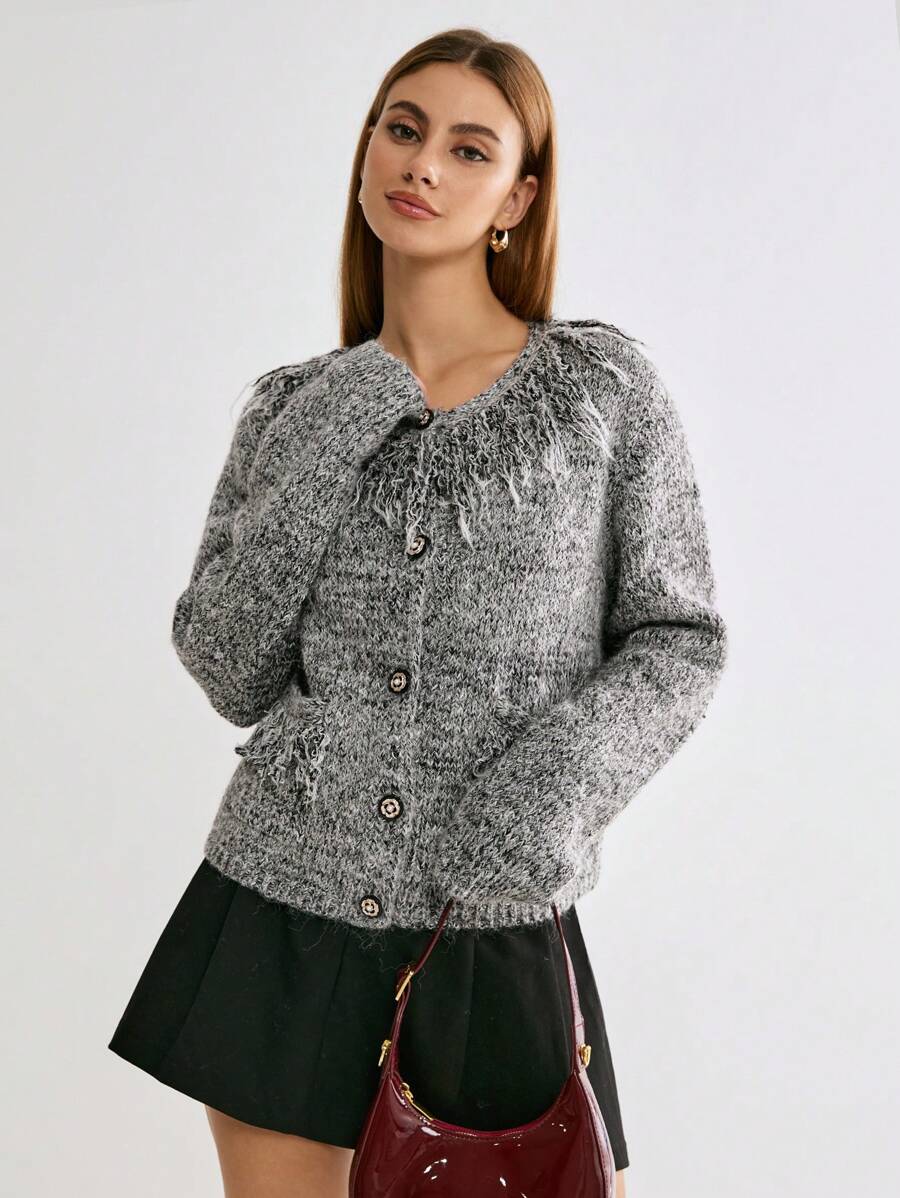Enchnt Women's Casual Blended Fringe Trim Cardigan, Autumn/Winter