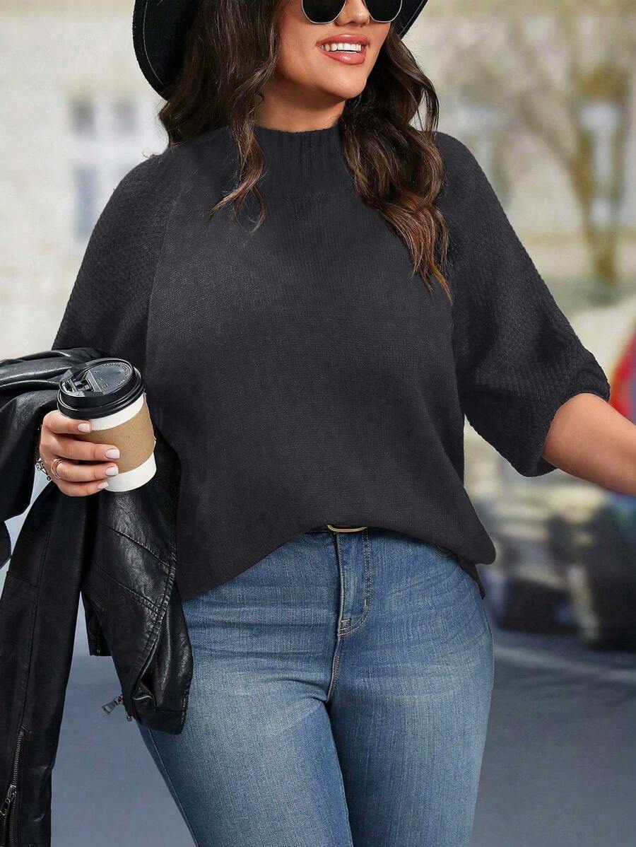 SHEIN LUNE Plus Size Women Stand Collar Solid Color Raglan Sleeve Long Sleeve Casual Pullover Sweater, Autumn/Winter