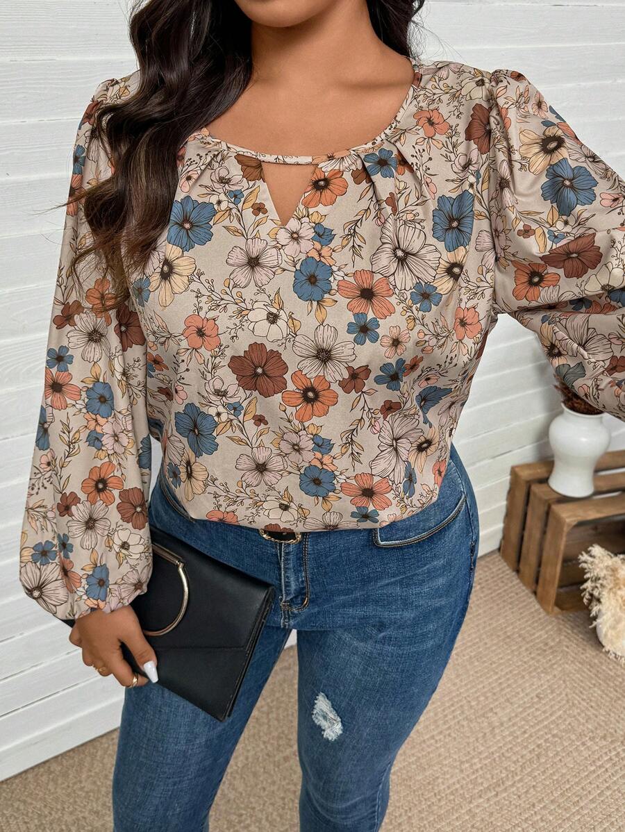 SHEIN LUNE Camisa con estampado floral de manga farol informal para tallas grandes, adecuada para conjuntos de estilo boho, vaquera, hippie, bohemio y occidental para mujer en otoño, verano y primavera, especialmente para festivales, vacaciones de primavera y raves.