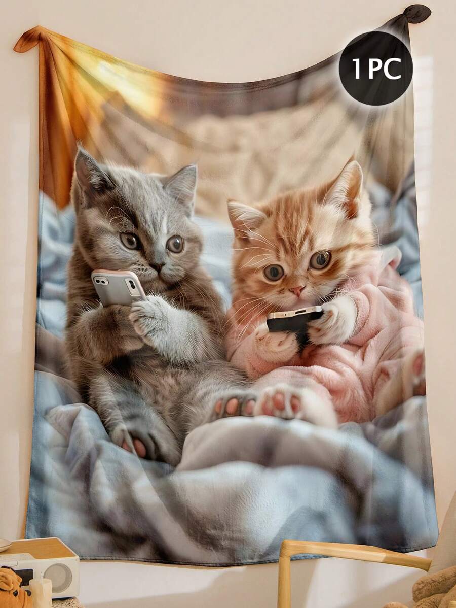 1 Pieza Manta de franela, con patrón de gato lindo, adecuada para sala de estar, dormitorio, escenas al aire libre