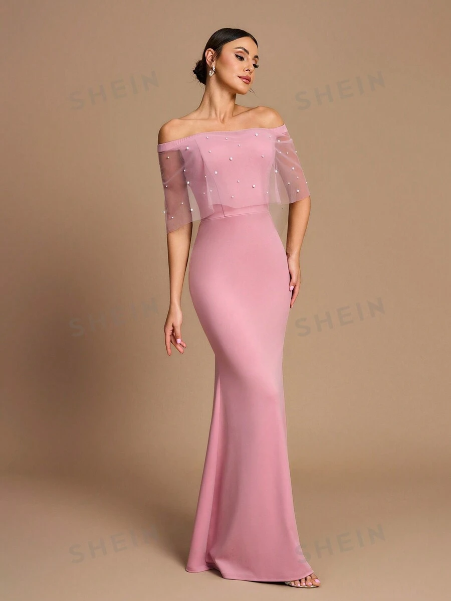 SHEIN Belle Vestido de mujer elegante y romántico con mangas estilo chal y hombros descubiertos, de punto elástico de color rosa claro, con decoración de perlas falsas, silueta de sirena, apropiado para bodas, fiestas y atuendo formal de dama de honor
