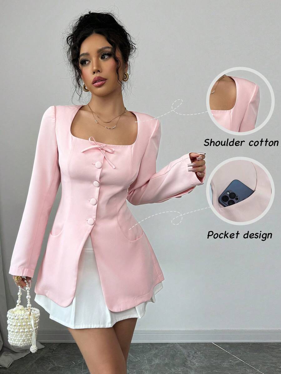 Elenzga Women's Solid Color Square Collar Long Sleeve Casual Bowknot Blazer, Autumn