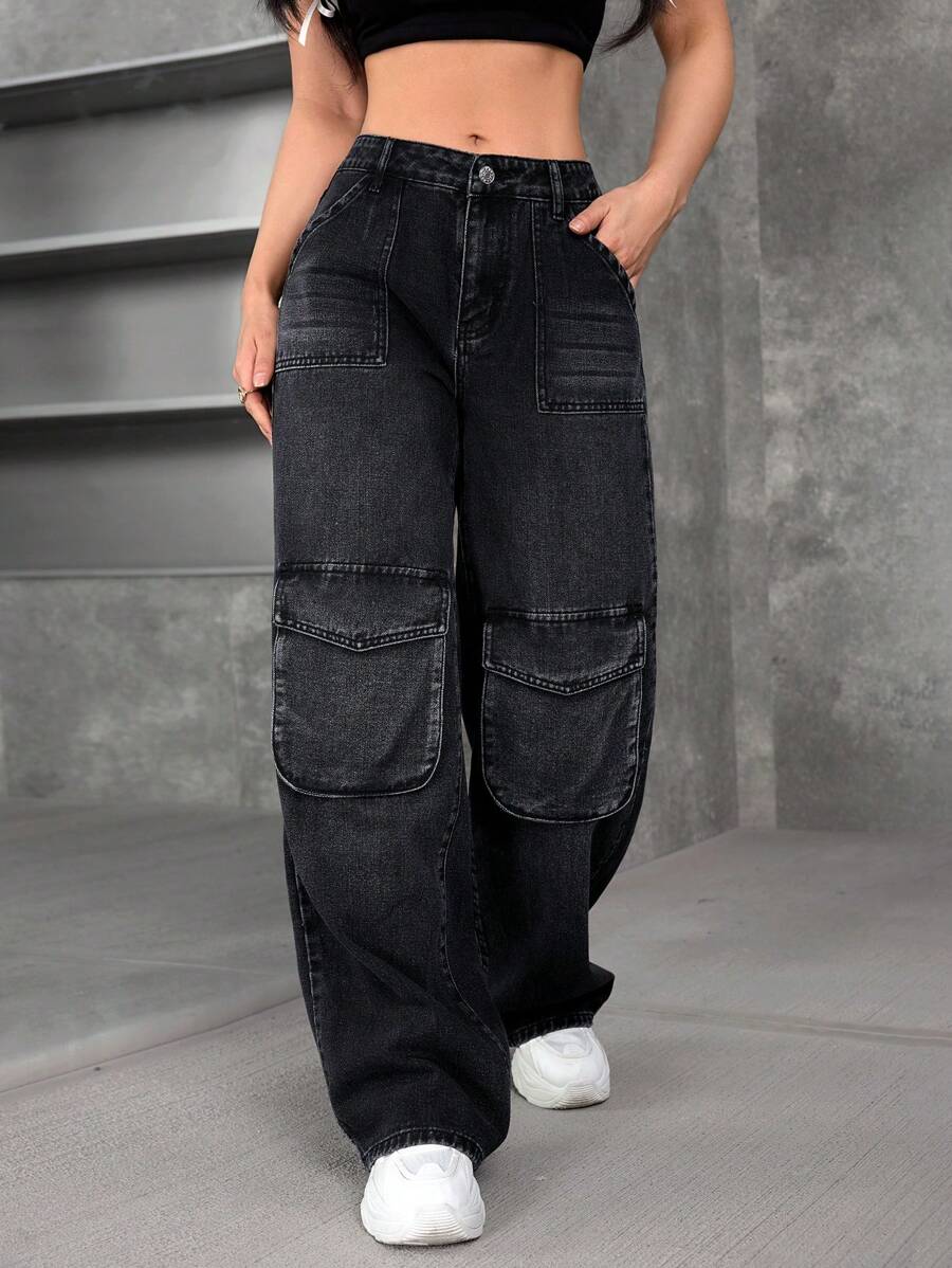 SHEIN EZwear Women's Casual Washed Wide-Leg Cargo Jeans