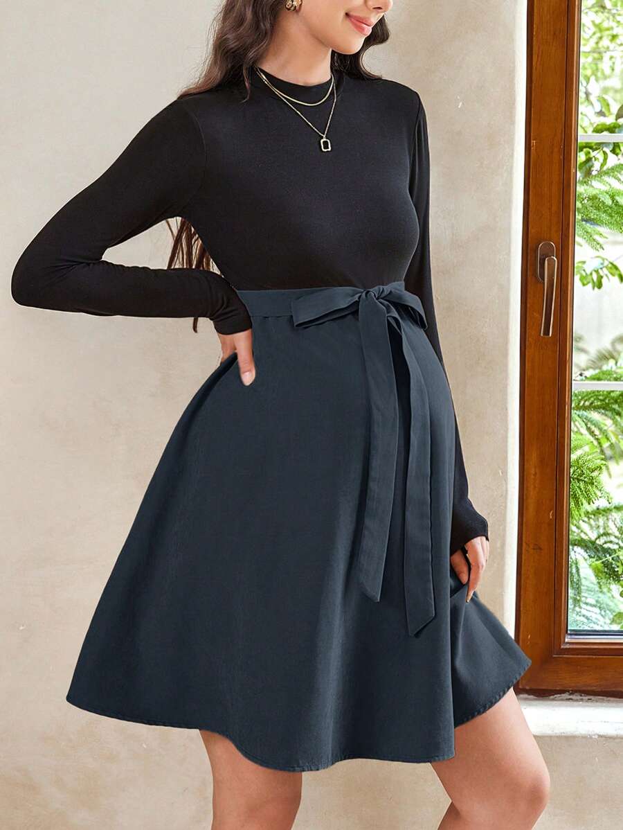 SHEIN Maternity Two-Tone Mock Neck Belted Dress, Suitable For Autumn And Winter Seasons