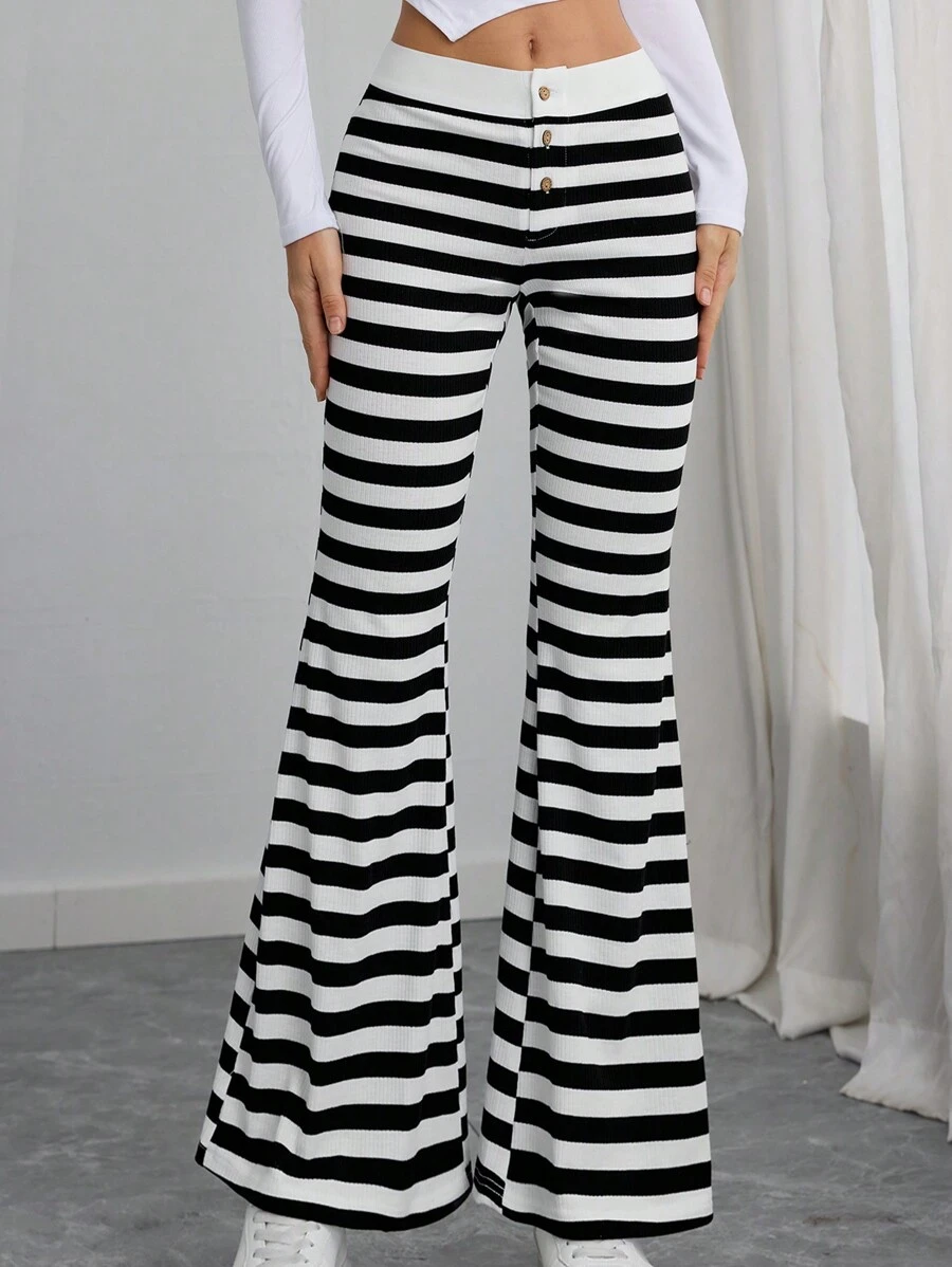 SHEIN EZwear Casual Knit Black And White Striped Low Waist Straight Leg Women Pants