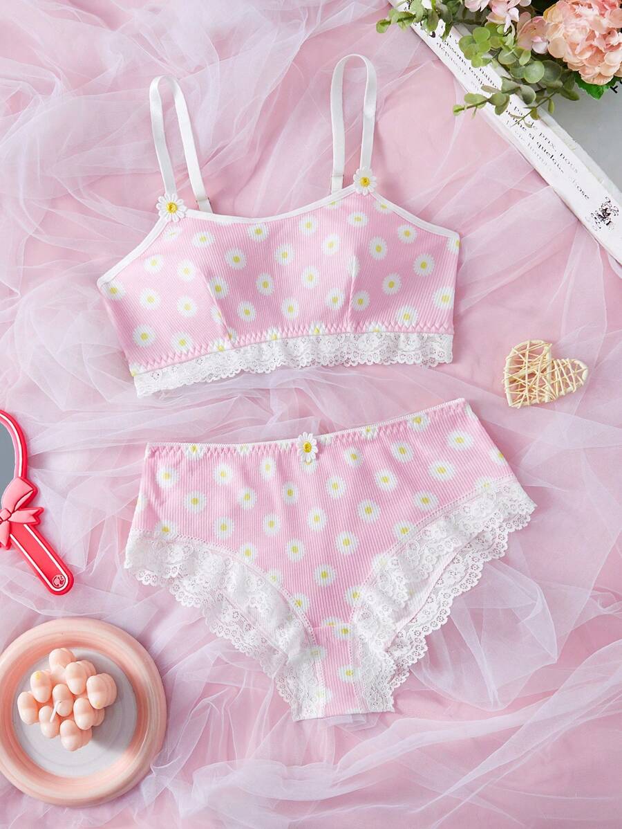 2 pièces/Set Ensemble de lingerie avec patchwork en dentelle et imprimé soleil pour fille