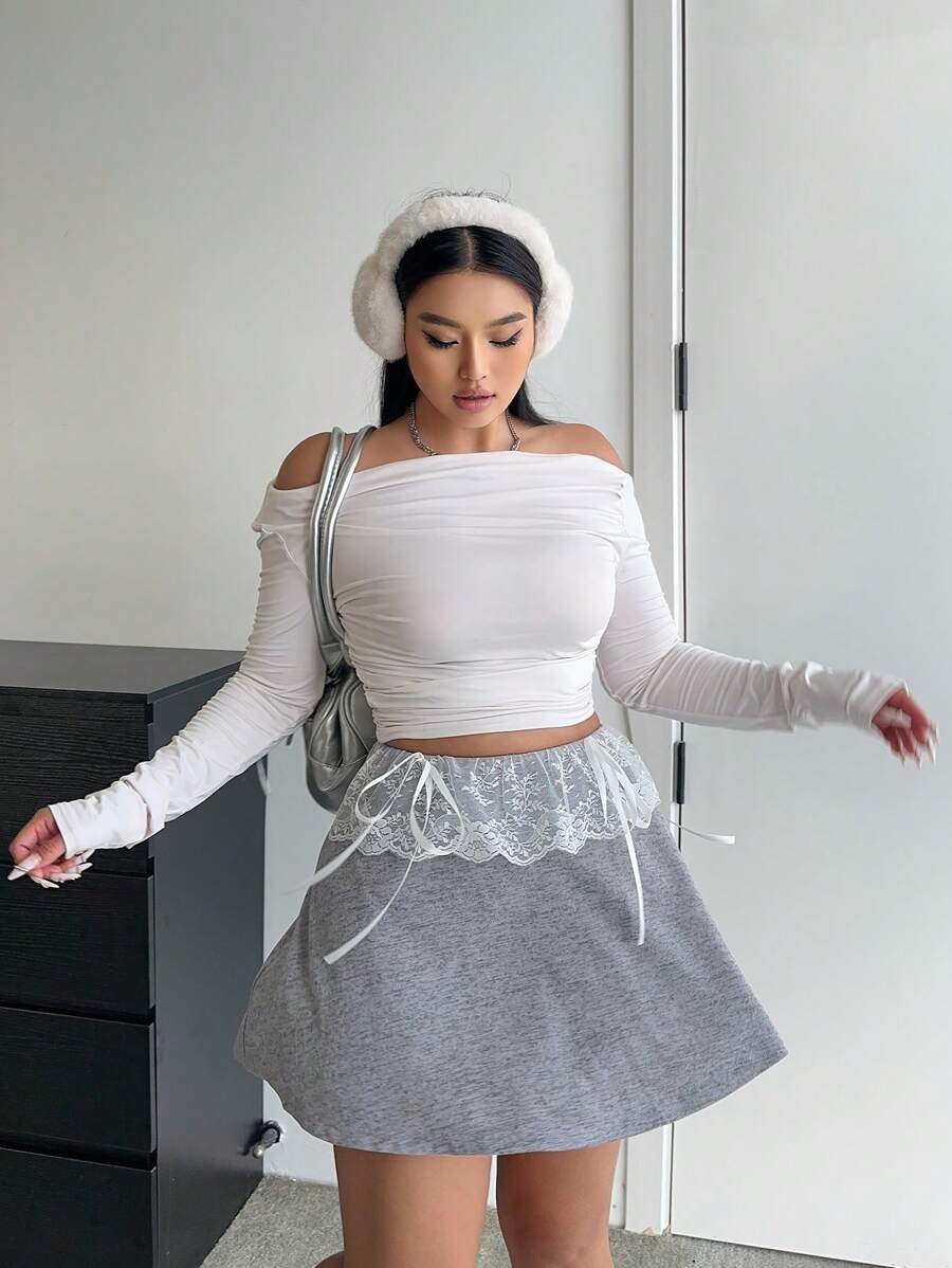 Flirla Plus Size Effen Kleur Schattig Casual School Stijl Veelzijdig Los Elastische Taille Patchwork Kant Inzet Strik Accent A-Lijn Rok, Lente/Herfst