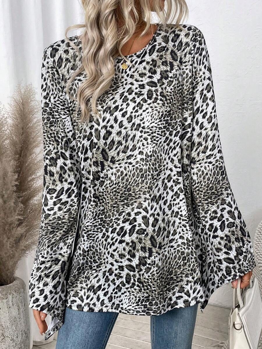 SHEIN LUNE Women Leopard Print Long Sleeve Crew Neck Sweatshirt, Autumn New Arrival