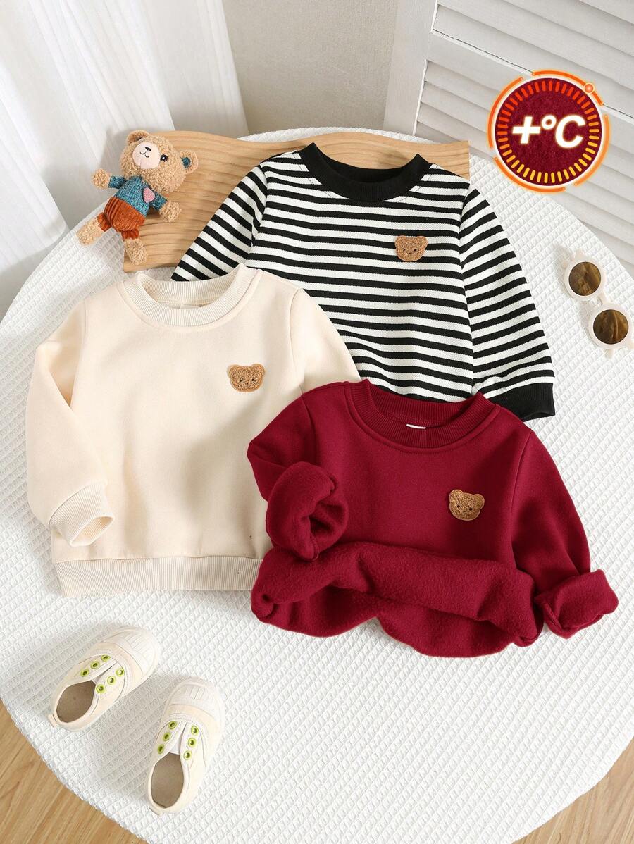 SHEIN Set de 3 sudaderas casuales con estampado de dibujos animados, de rayas negras/blancas y color caqui sólido de manga larga para niño bebé, adecuado para salidas de otoño e invierno