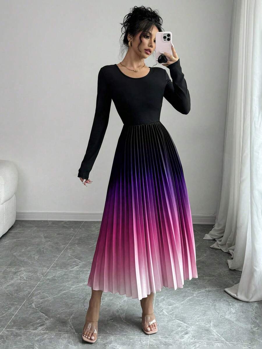 Elenzga Damska sukienka Ombre z plisowanym dołem i długim rękawem, z okrągłym dekoltem i eleganckim długim rękawem, maxi