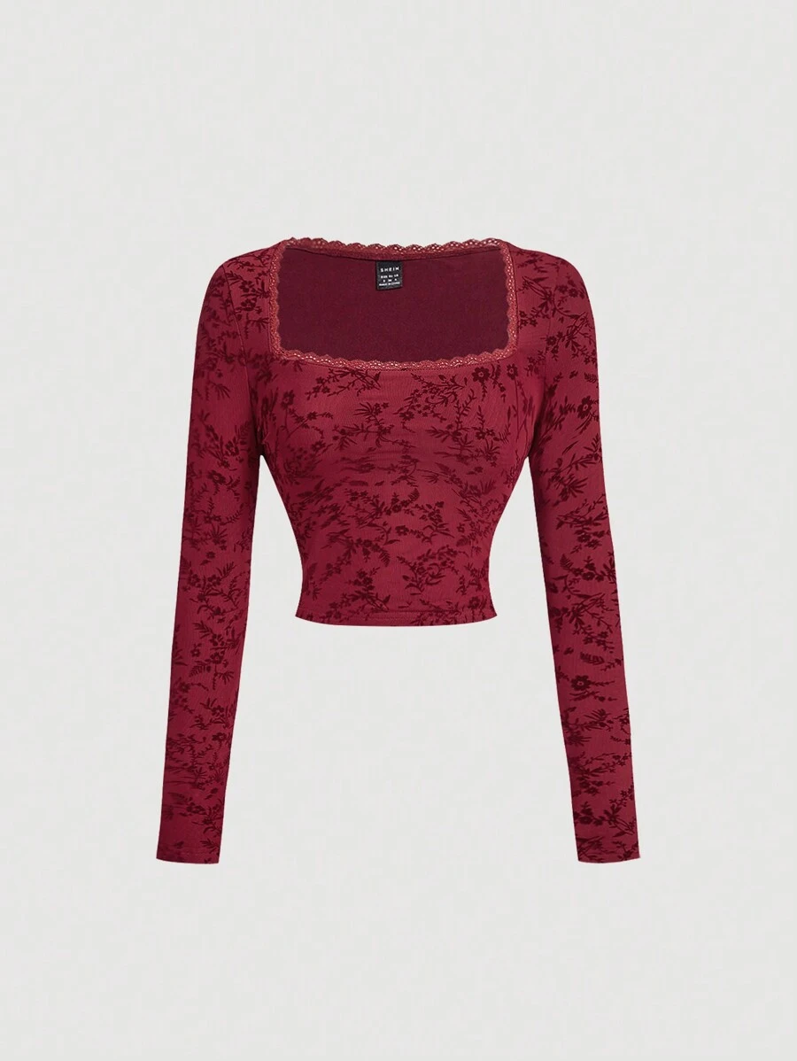 SHEIN MOD Vierkant hals kant splicing rood gevlokt T-shirt, elegant T-shirt, nieuwjaars T-shirt, uitgaans T-shirt, binnen T-shirt,