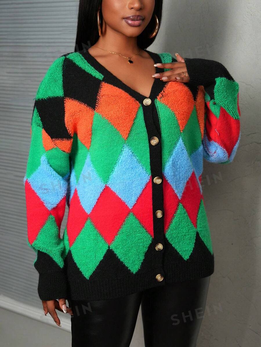 Slaydiva Nuevo suéter/chaqueta de mujer de manga larga con cuello en V, de ajuste holgado y estampado argyle, colores variados para otoño/invierno 2024 - A