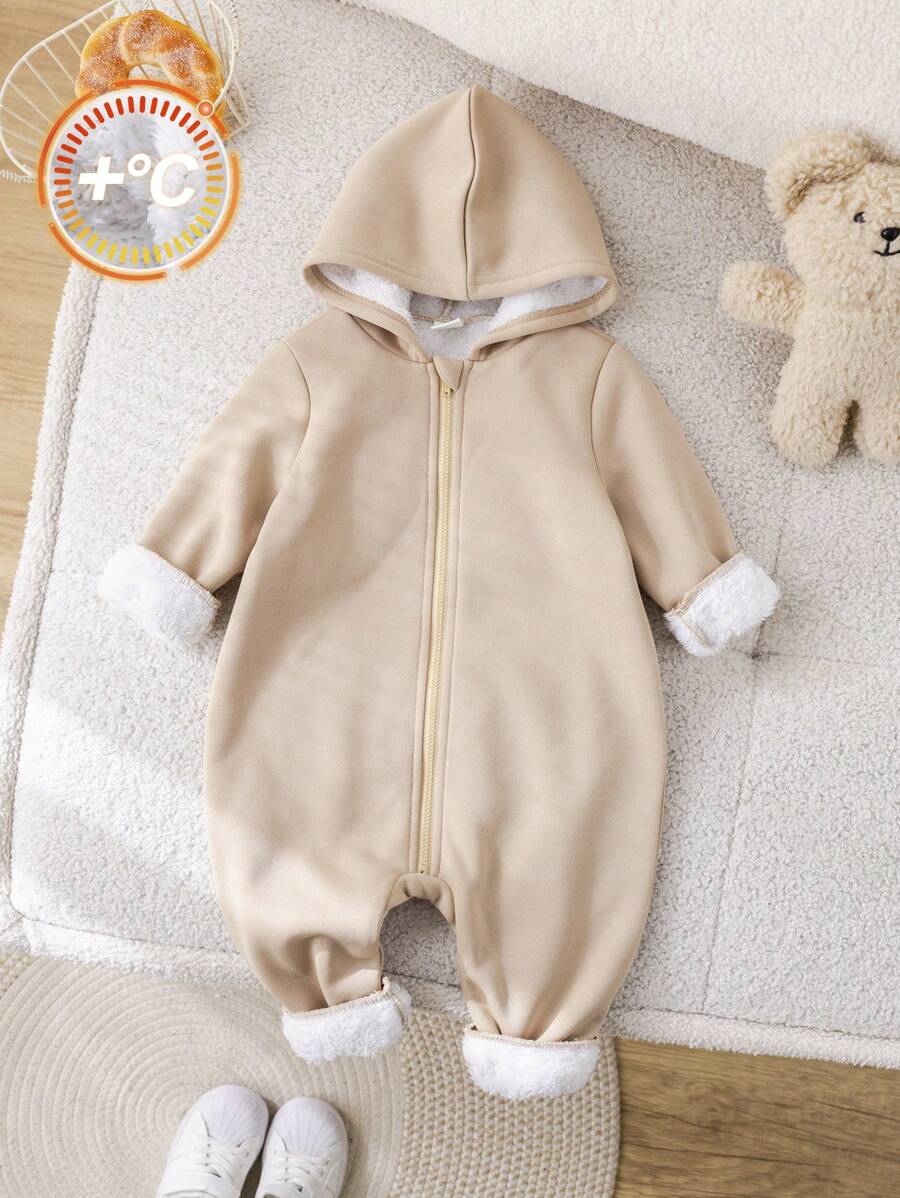 SHEIN Baby Boy And Baby Girl Khaki Plush Lined Soft Knit Loose Hooded Zipper Front Jumpsuit Romper, All-Match Versatile For Indoor And Outdoor Wear, Autumn/Winter