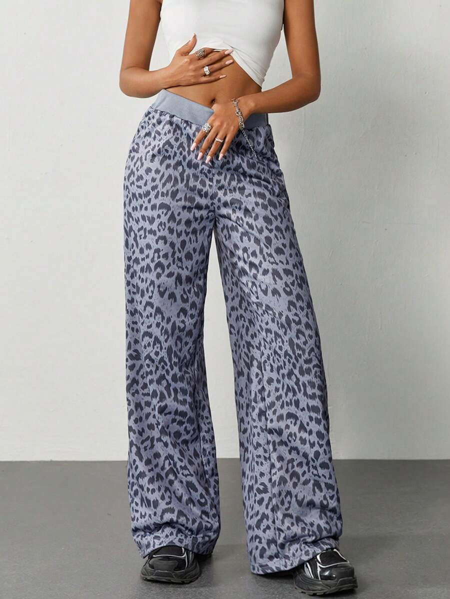 SHEIN EZwear Women's Vintage Leopard Y2K Casual Pu Trousers For Back To School