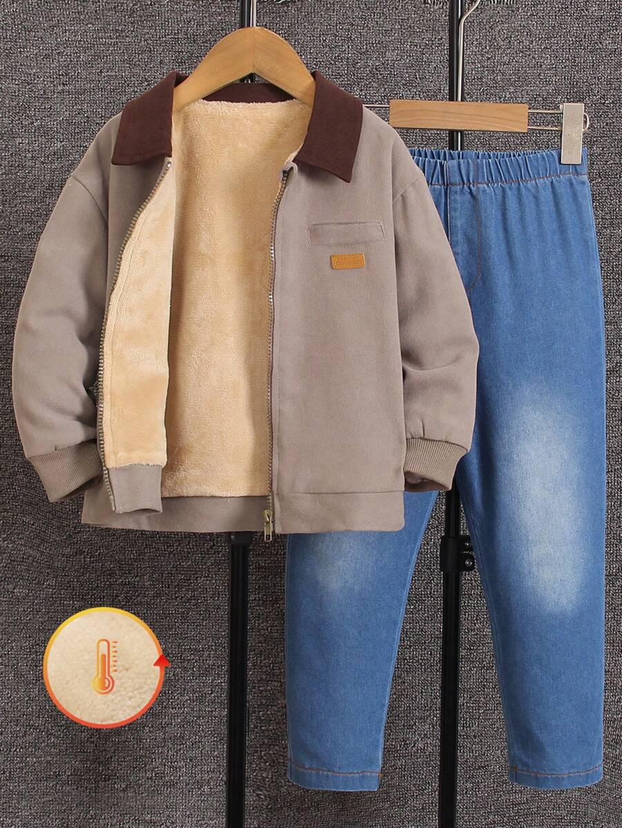 SHEIN 2-Piece Vintage Letter Print Young Boys Casual Loose Lapel Long Sleeve Fleece Jacket And Vintage Washed Denim Jeans Set